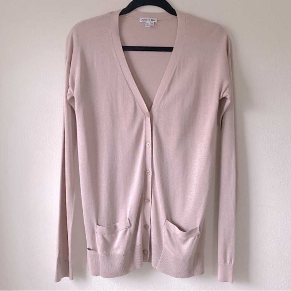 LACOSTE LONG LINE SILK COTTON BLEND V NECK CARDIGAN SWEATER Pink 38